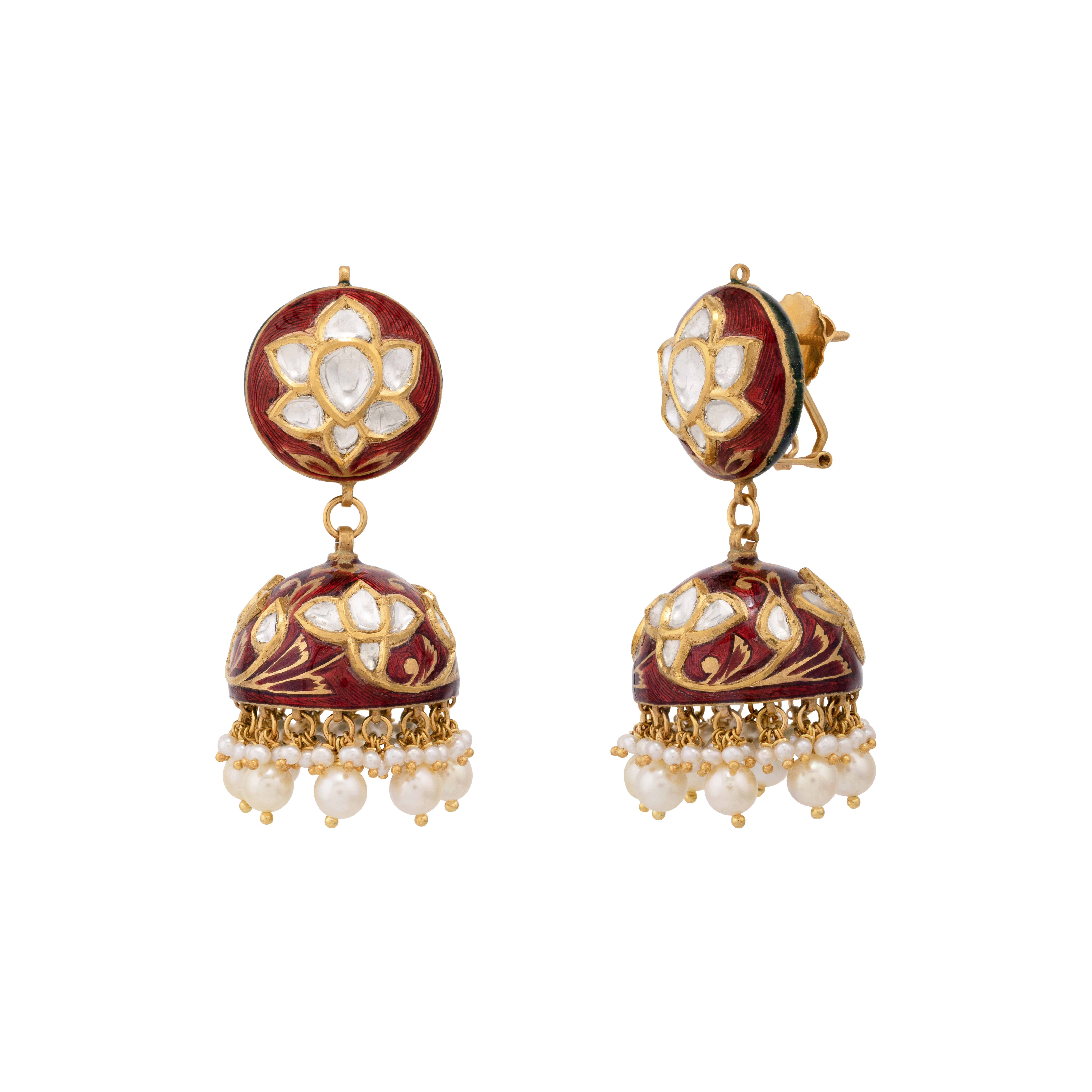 Floral Polki Jhumki with Red Enamel and Pearl Drops